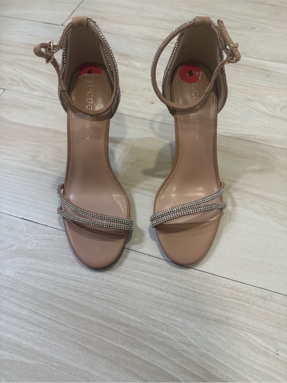 BCBG Nude Tan Rhinestone-Strap Ankle Sandals